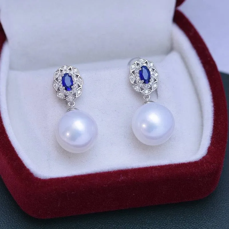 11-12mm Freshwater Pearl & Blue Gem Earrings