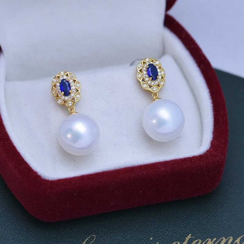 11-12mm Freshwater Pearl & Blue Gem Earrings
