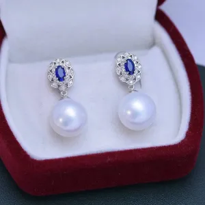 11-12mm Freshwater Pearl & Blue Gem Earrings