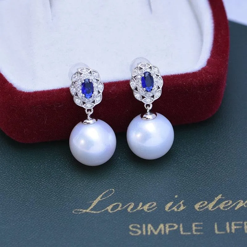 11-12mm Freshwater Pearl & Blue Gem Earrings