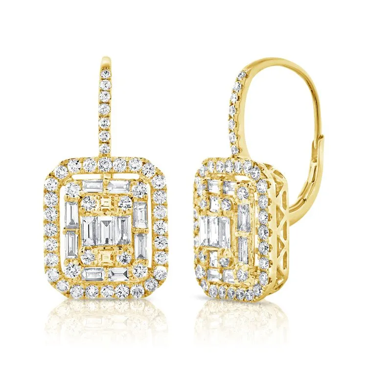 14k Gold 1.08 Ct Baguette, 1.23 Ct Round Diamond Dangle Drop Earring, available in White, Rose and Yellow Gold
