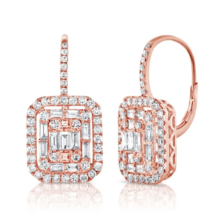 14k Gold 1.08 Ct Baguette, 1.23 Ct Round Diamond Dangle Drop Earring, available in White, Rose and Yellow Gold