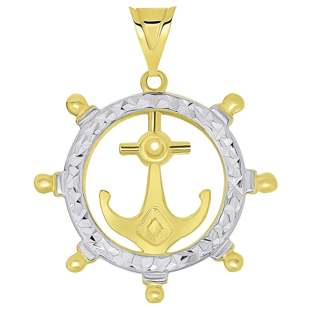 14k Gold Textured Two Tone Anchor Inside Ships Wheel Pendant Necklace Available with Rolo, Curb, or Figaro Chain Necklaces - Yellow Gold