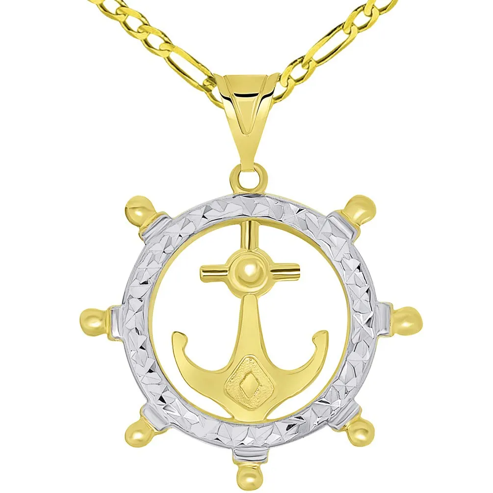 14k Gold Textured Two Tone Anchor Inside Ships Wheel Pendant Necklace Available with Rolo, Curb, or Figaro Chain Necklaces - Yellow Gold