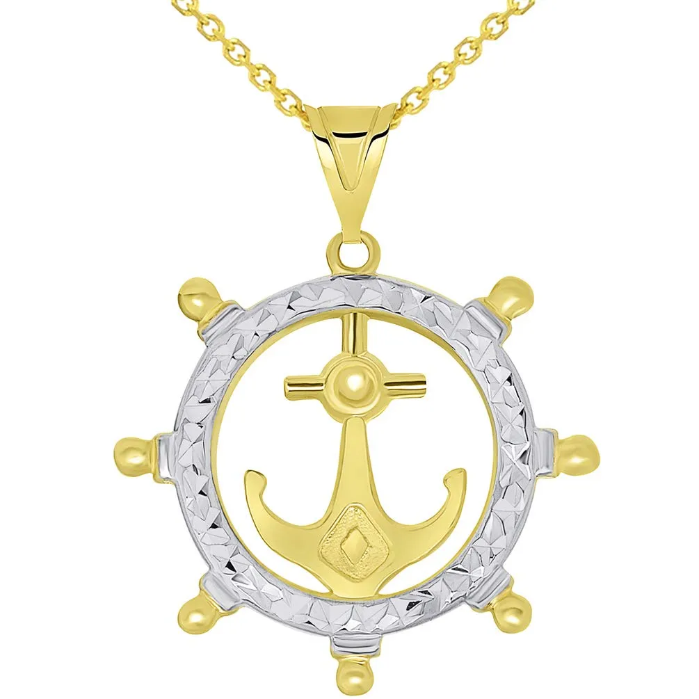 14k Gold Textured Two Tone Anchor Inside Ships Wheel Pendant Necklace Available with Rolo, Curb, or Figaro Chain Necklaces - Yellow Gold