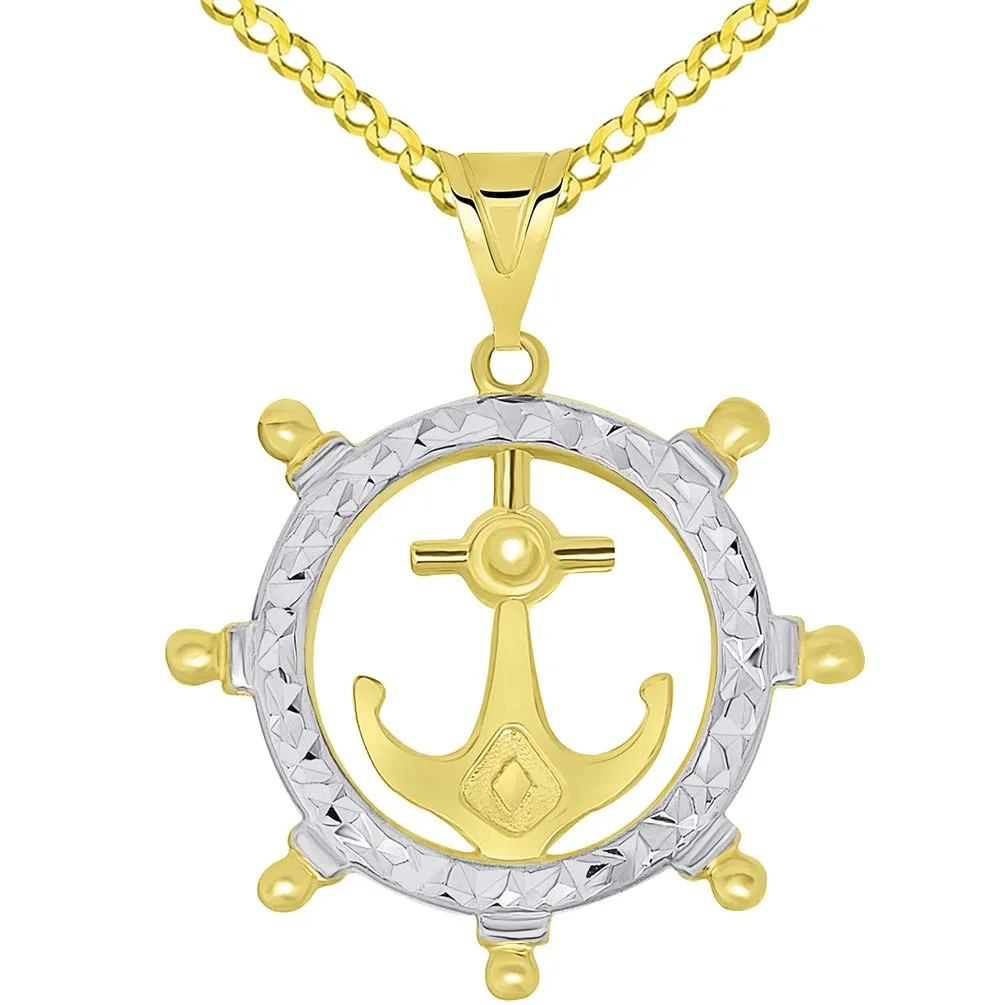 14k Gold Textured Two Tone Anchor Inside Ships Wheel Pendant Necklace Available with Rolo, Curb, or Figaro Chain Necklaces - Yellow Gold