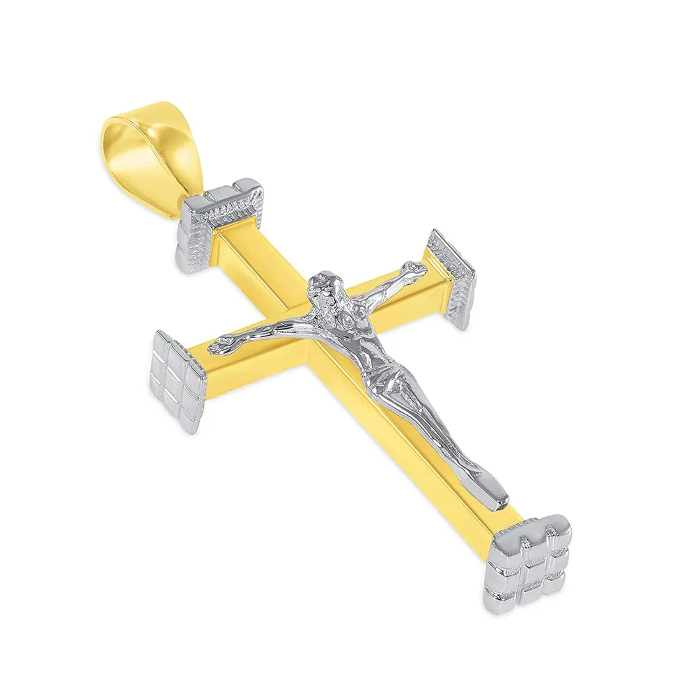 14k Solid Two-Tone Gold 3D Religious Crucifix Cross Pendant Necklace