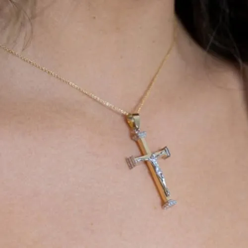 14k Solid Two-Tone Gold 3D Religious Crucifix Cross Pendant Necklace