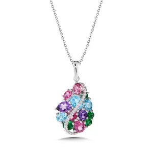 14K WHITE GOLD MIXED GEMSTONE CLUSTER AND DIAMOND PENDANT