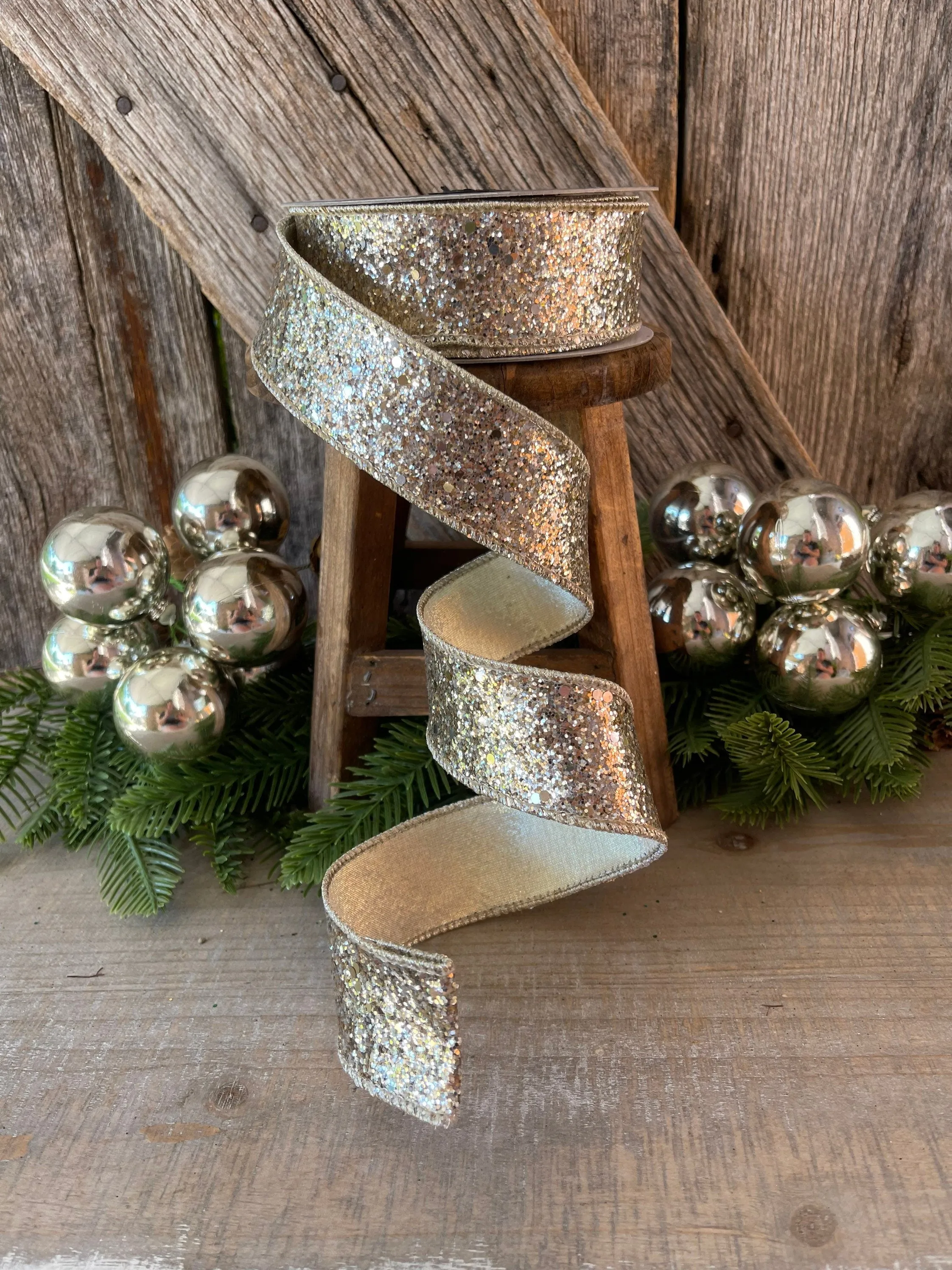 1.5" Platinum Gold Chunky Glitter Wired Ribbon, Farriislk Ribbon