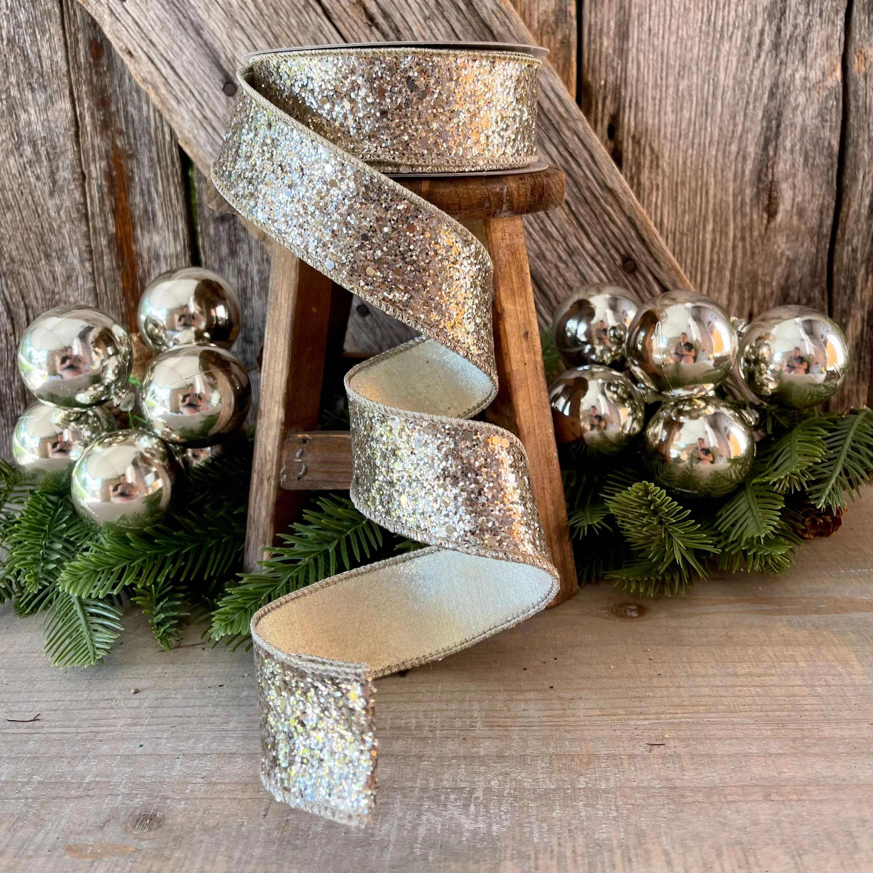 1.5" Platinum Gold Chunky Glitter Wired Ribbon, Farriislk Ribbon