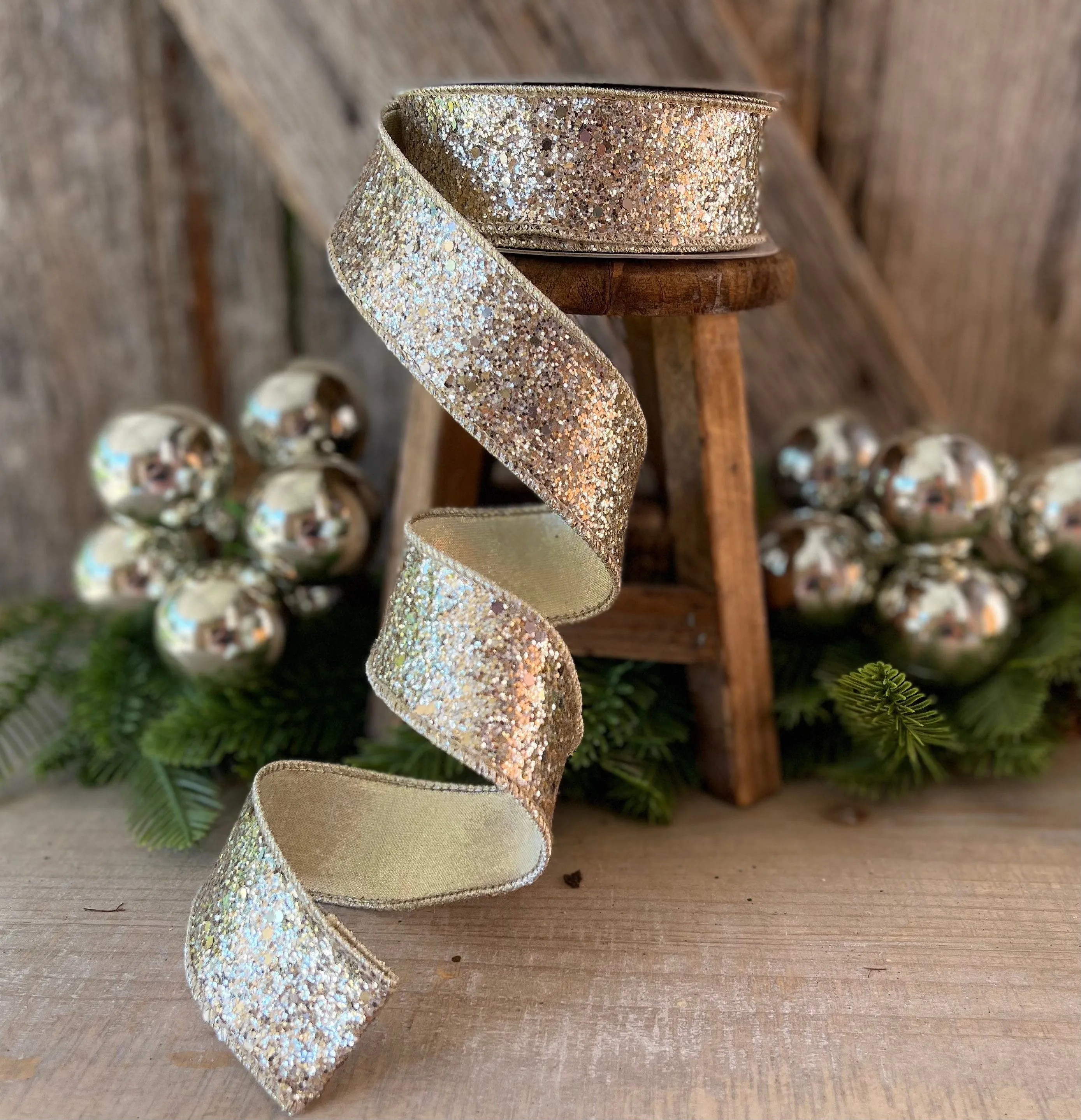 1.5" Platinum Gold Chunky Glitter Wired Ribbon, Farriislk Ribbon