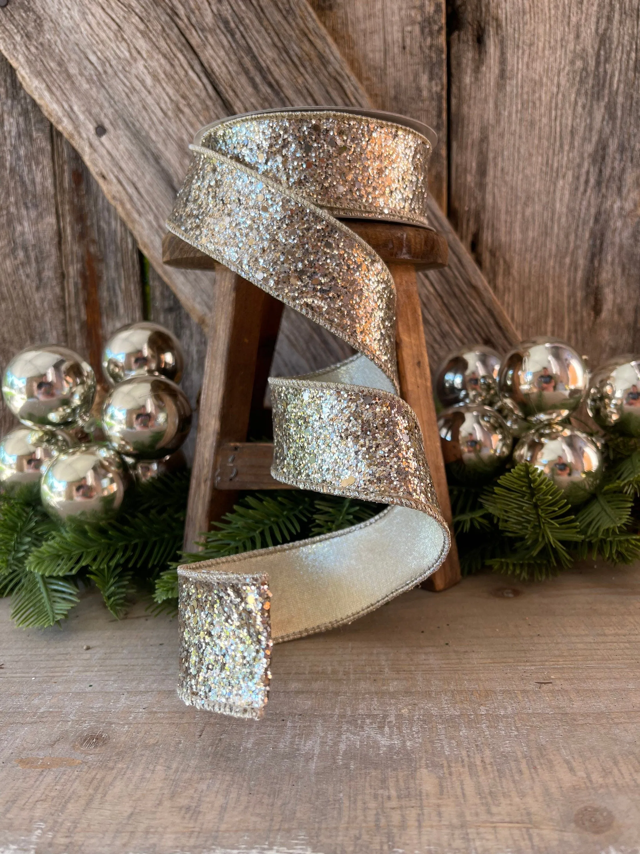 1.5" Platinum Gold Chunky Glitter Wired Ribbon, Farriislk Ribbon
