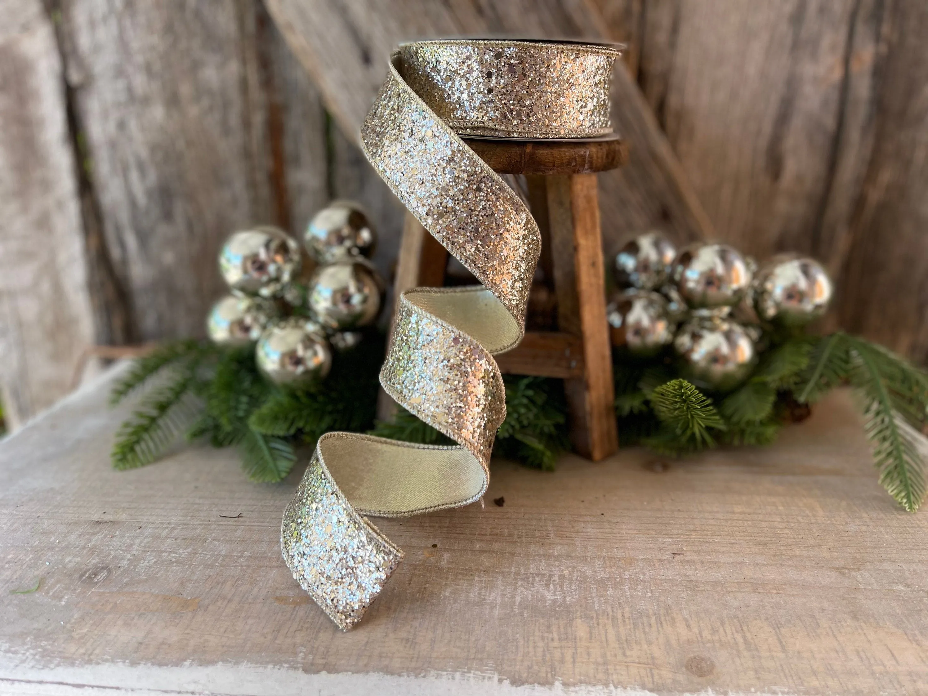 1.5" Platinum Gold Chunky Glitter Wired Ribbon, Farriislk Ribbon