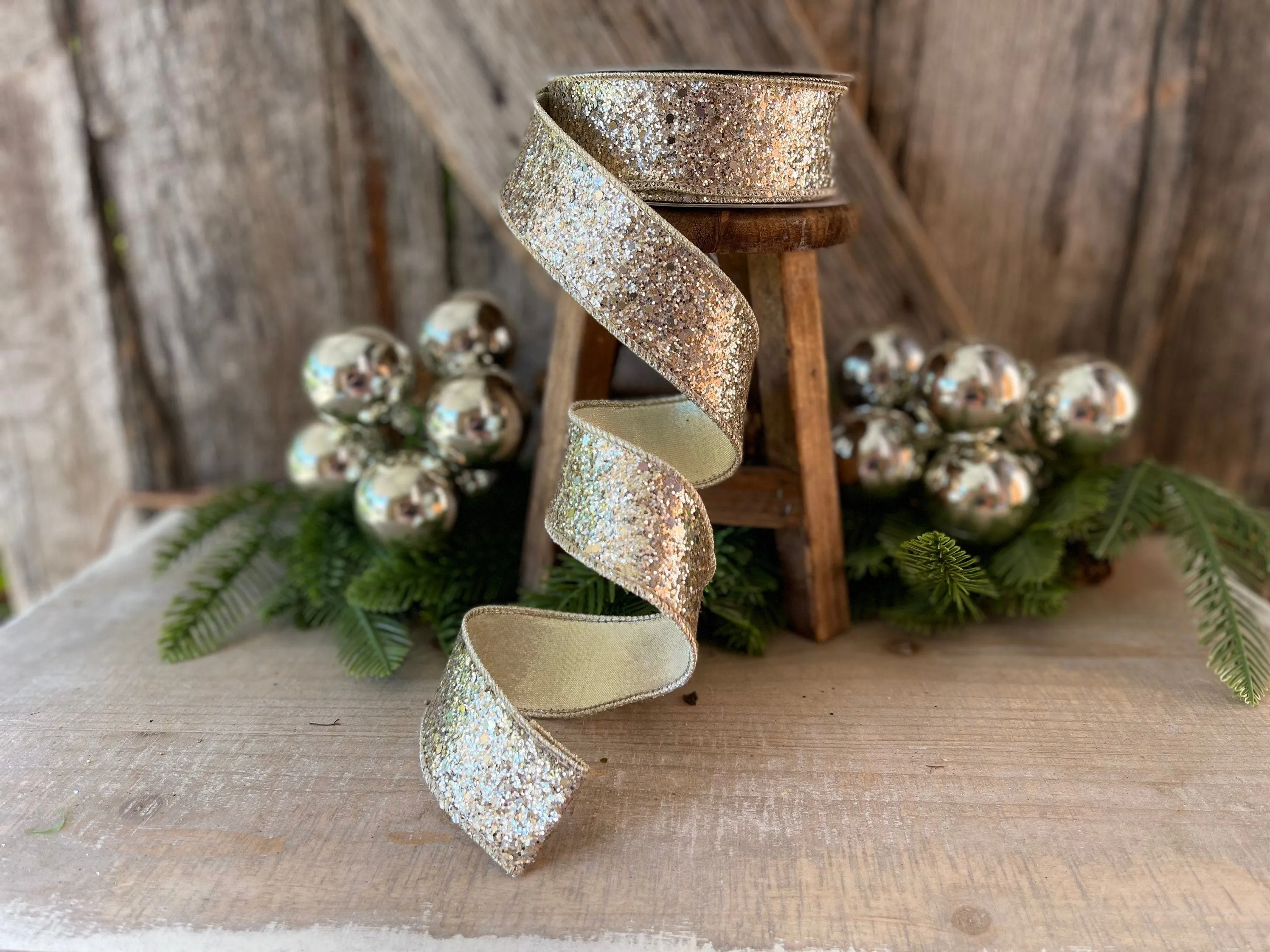 1.5" Platinum Gold Chunky Glitter Wired Ribbon, Farriislk Ribbon