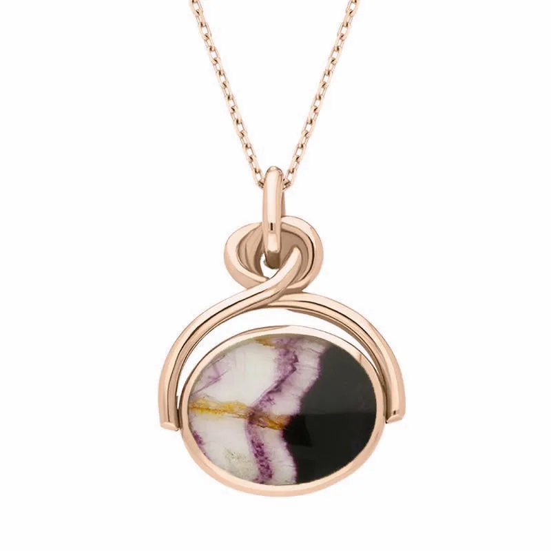 18ct Rose Gold Whitby Jet Blue John Oval Swivel Fob Necklace