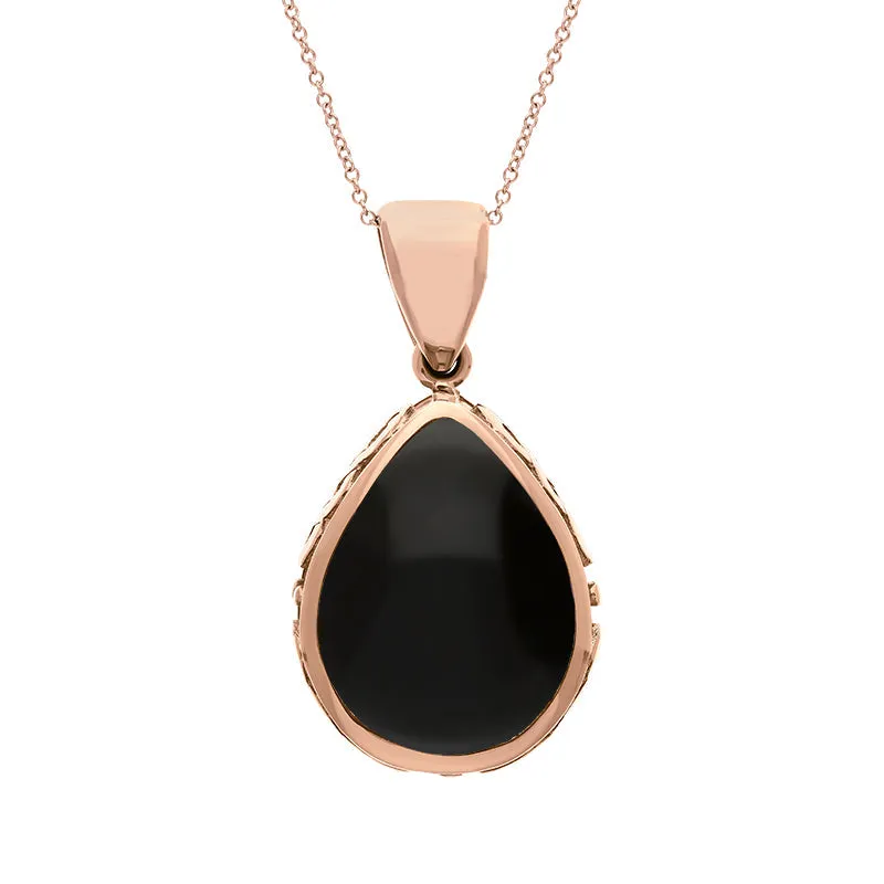 18ct Rose Gold Whitby Jet Turquoise Double Sided Celtic Edge Pear Cut Fob Necklace