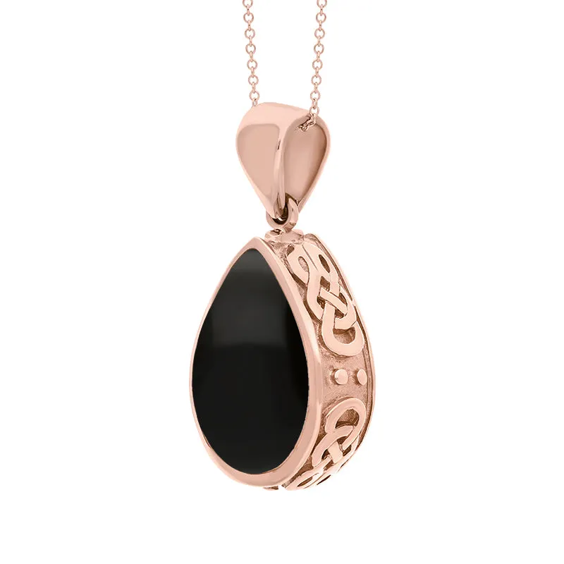 18ct Rose Gold Whitby Jet Turquoise Double Sided Celtic Edge Pear Cut Fob Necklace