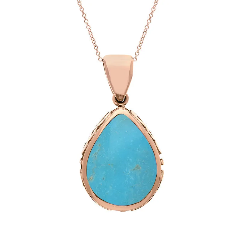 18ct Rose Gold Whitby Jet Turquoise Double Sided Celtic Edge Pear Cut Fob Necklace