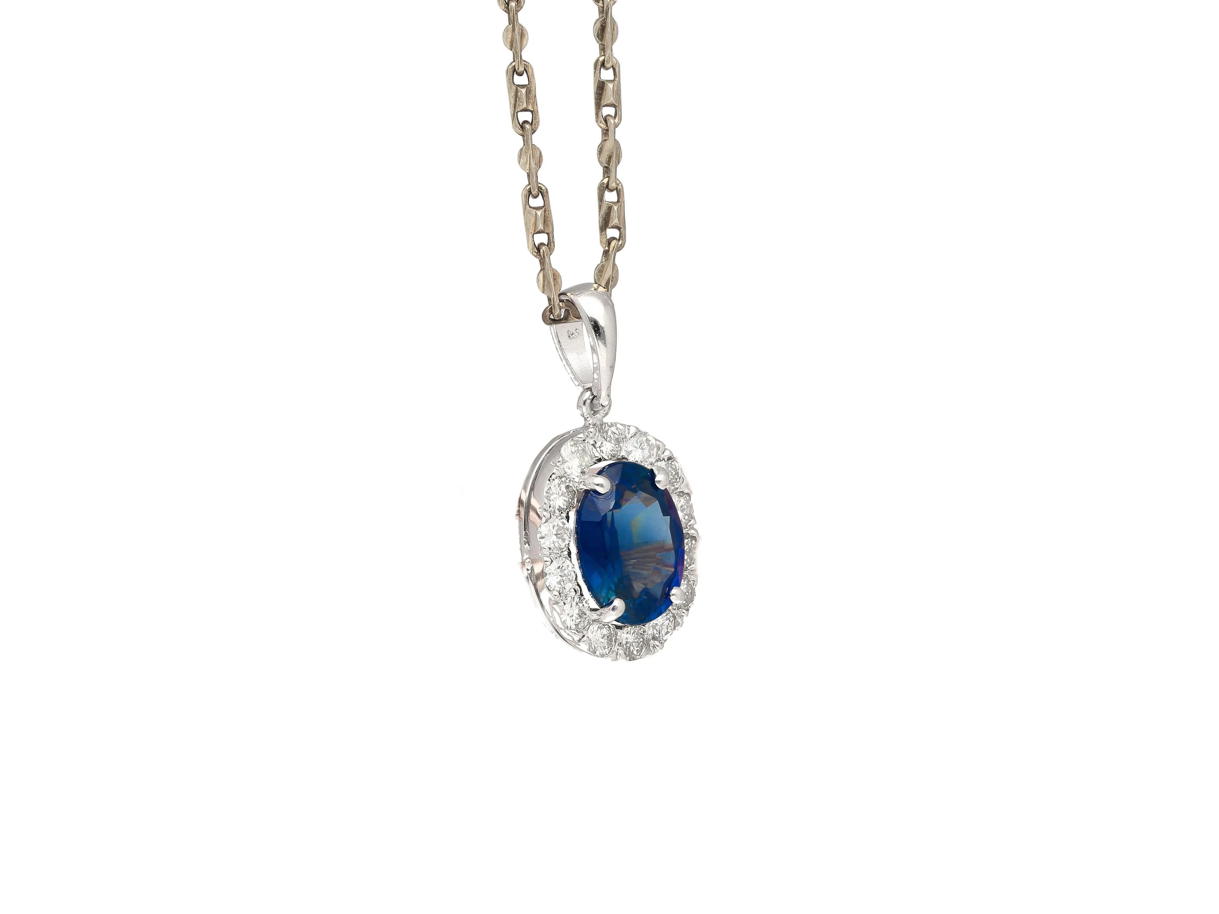 2.41 Carat Sapphire Diamond Halo 14K Gold Pendant Necklace