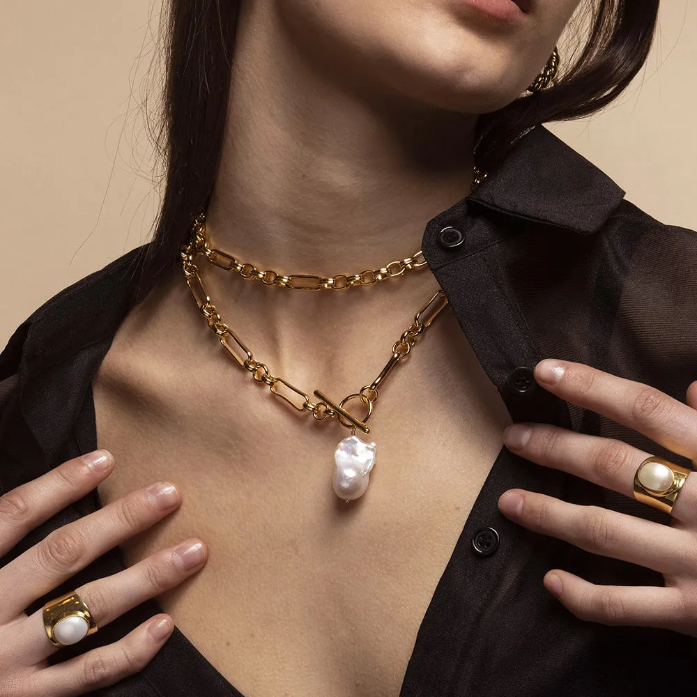Alba Chunky mixed link Gold Necklace with large Keshi Pearl
