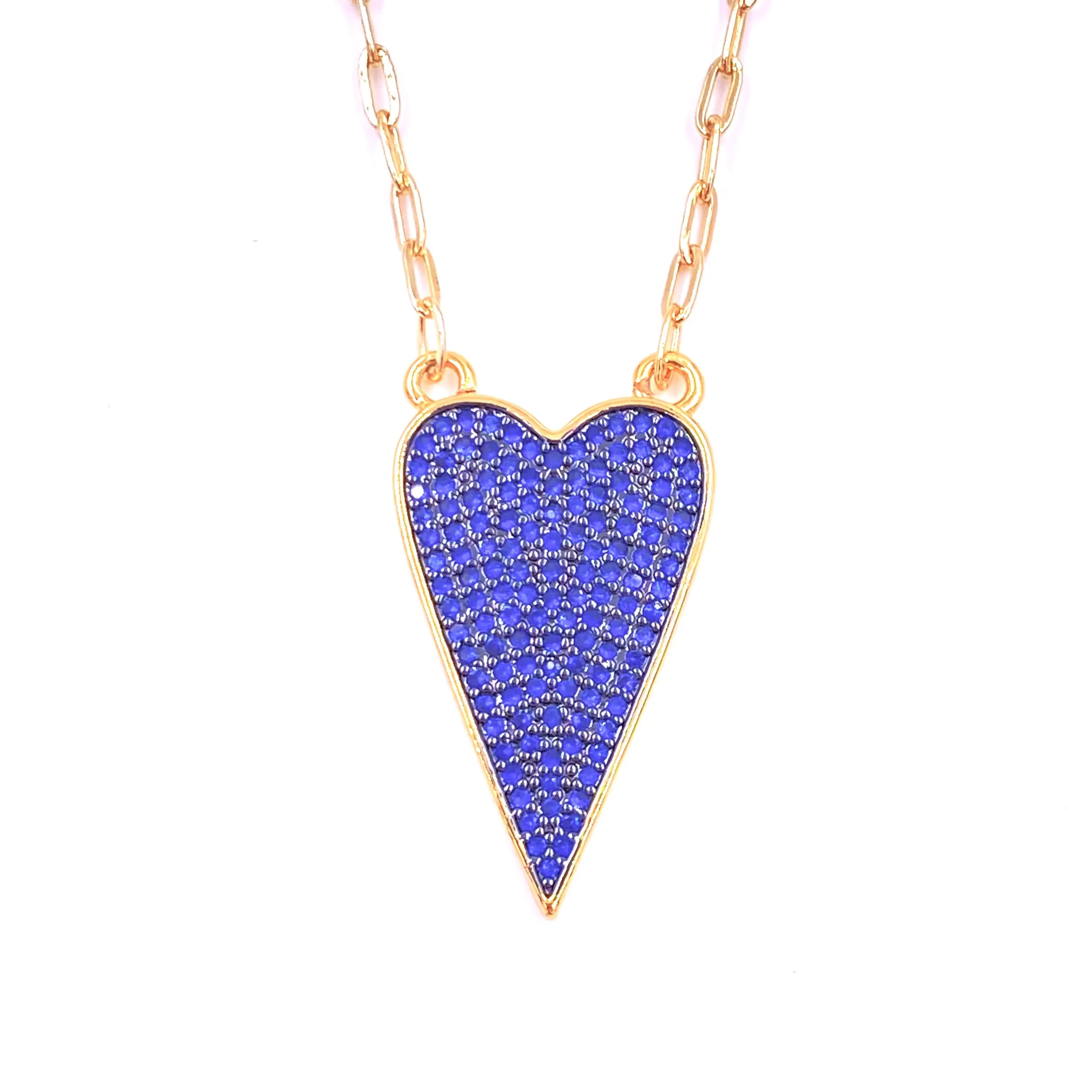Ashley Gold Stainless Steel Gold Plated Blue CZ Encrusted Heart Pendant Necklace