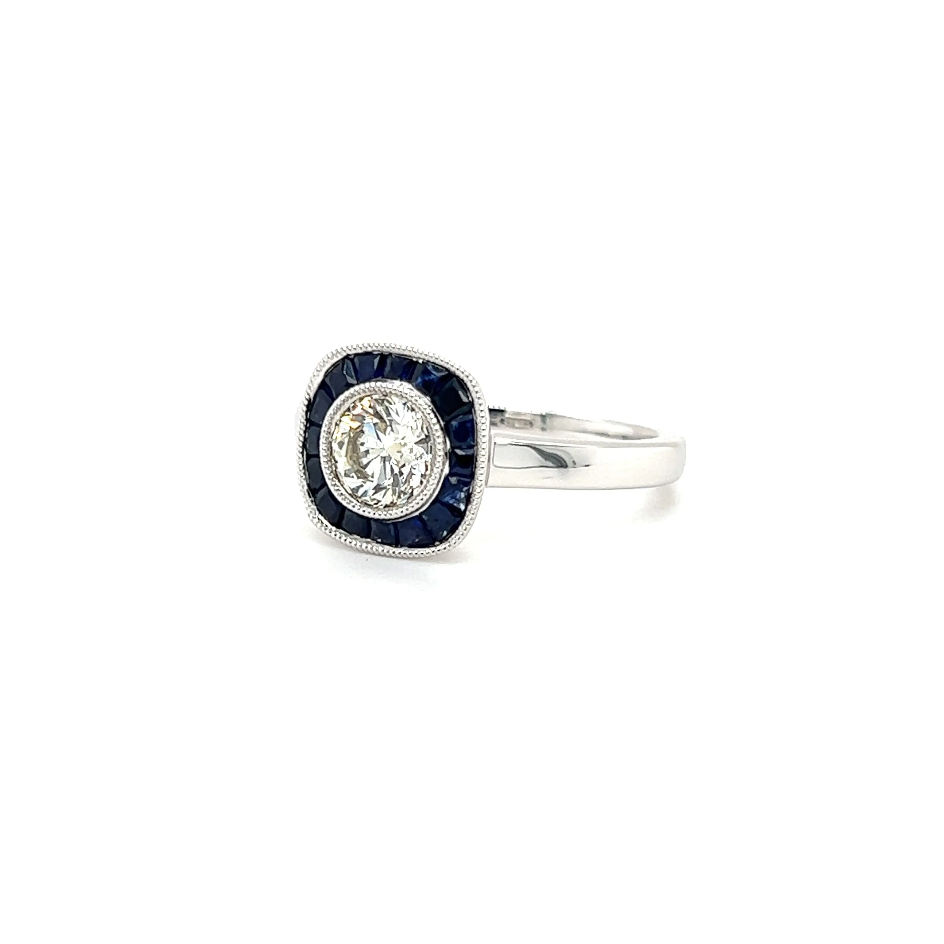Brilliant Diamond Ring with Sapphire Halo in 18K White Gold