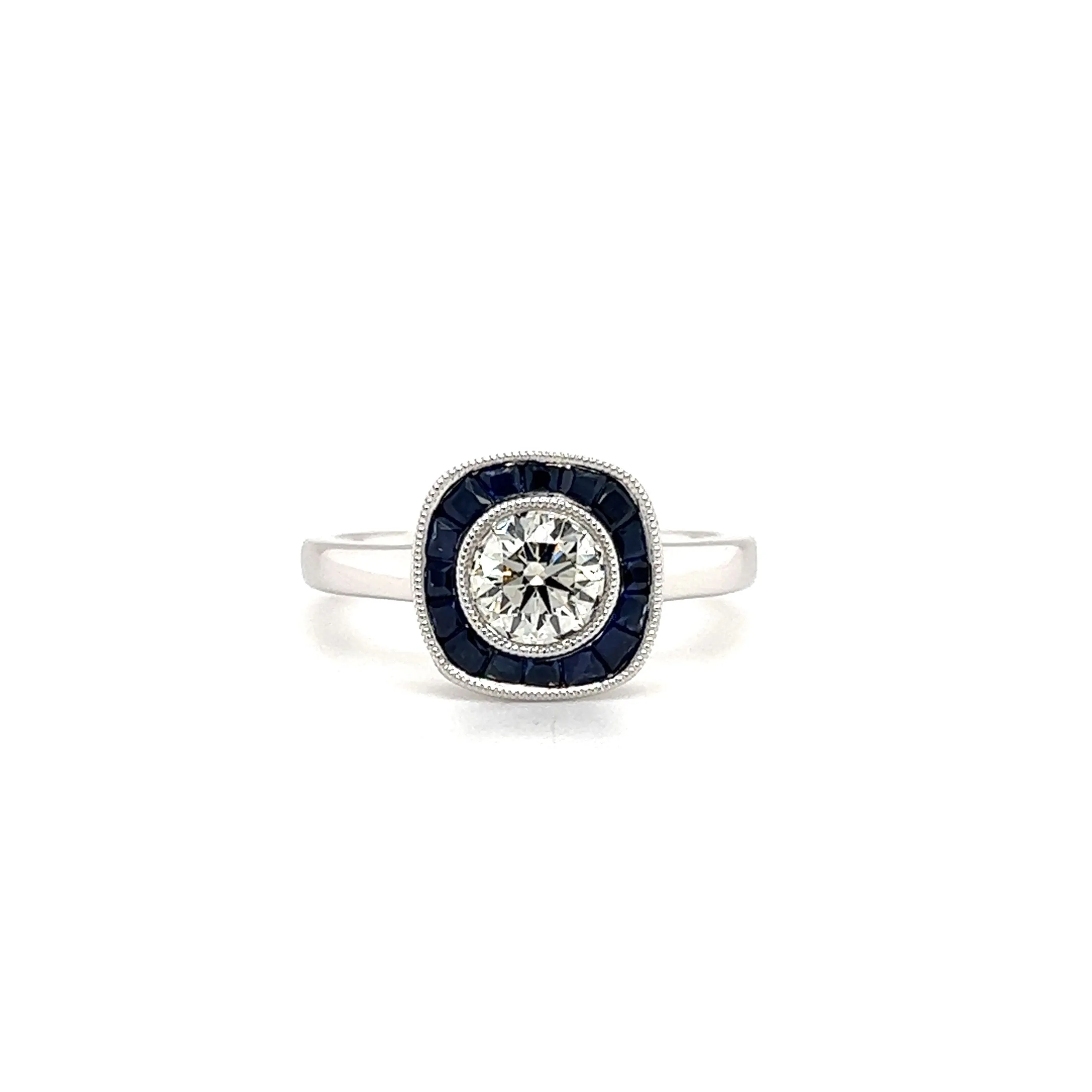 Brilliant Diamond Ring with Sapphire Halo in 18K White Gold