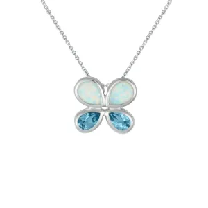 Created Opal and Blue Topaz Butterfly Pendant in Silver