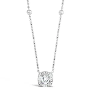 Cushion Diamond Pendant Necklace with Bezel-Set Diamond Chain