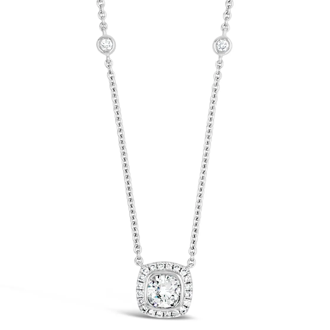 Cushion Diamond Pendant Necklace with Bezel-Set Diamond Chain