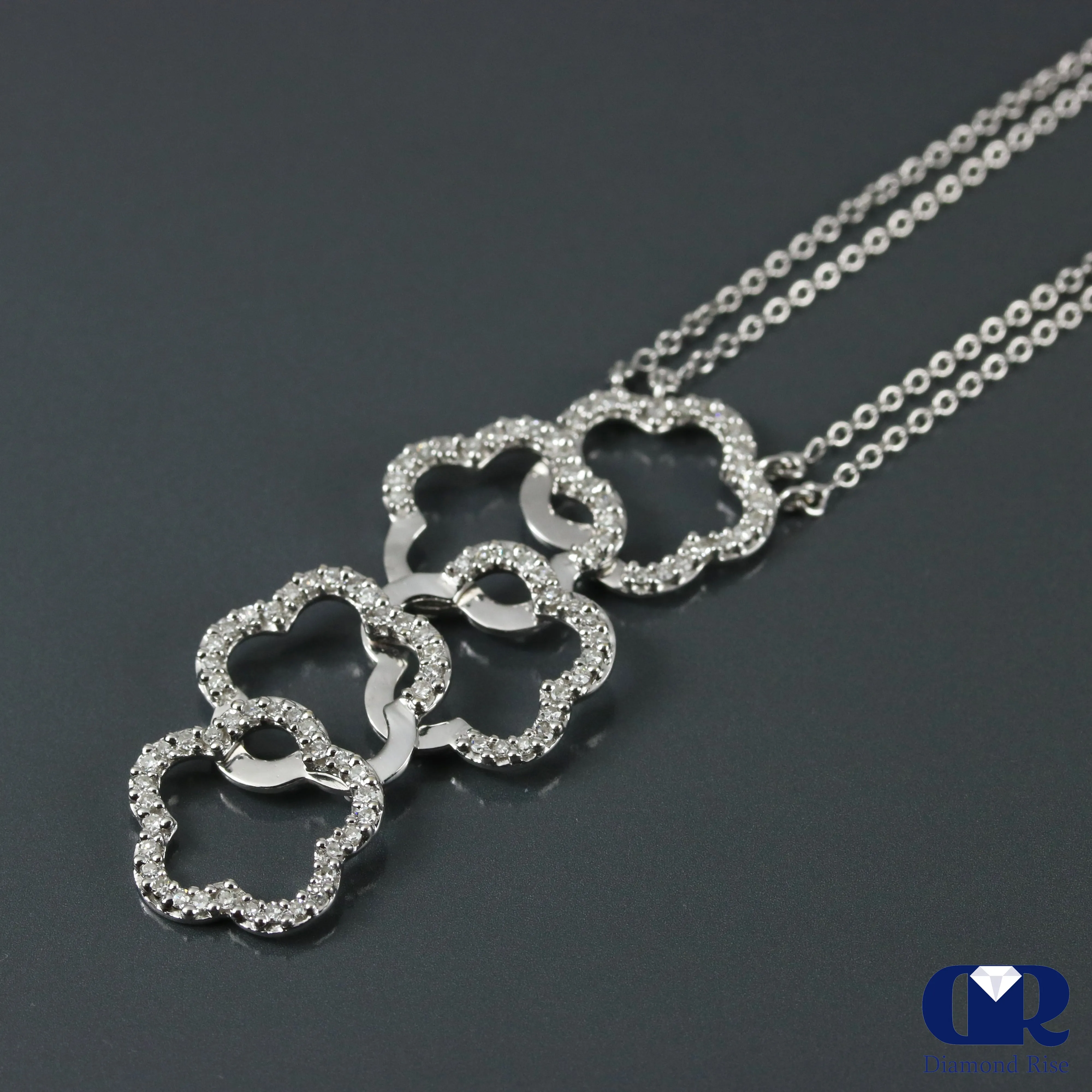 Diamond Plum Blossom Shaped Necklace In 18K White Gold With Double Cable Chain 17"