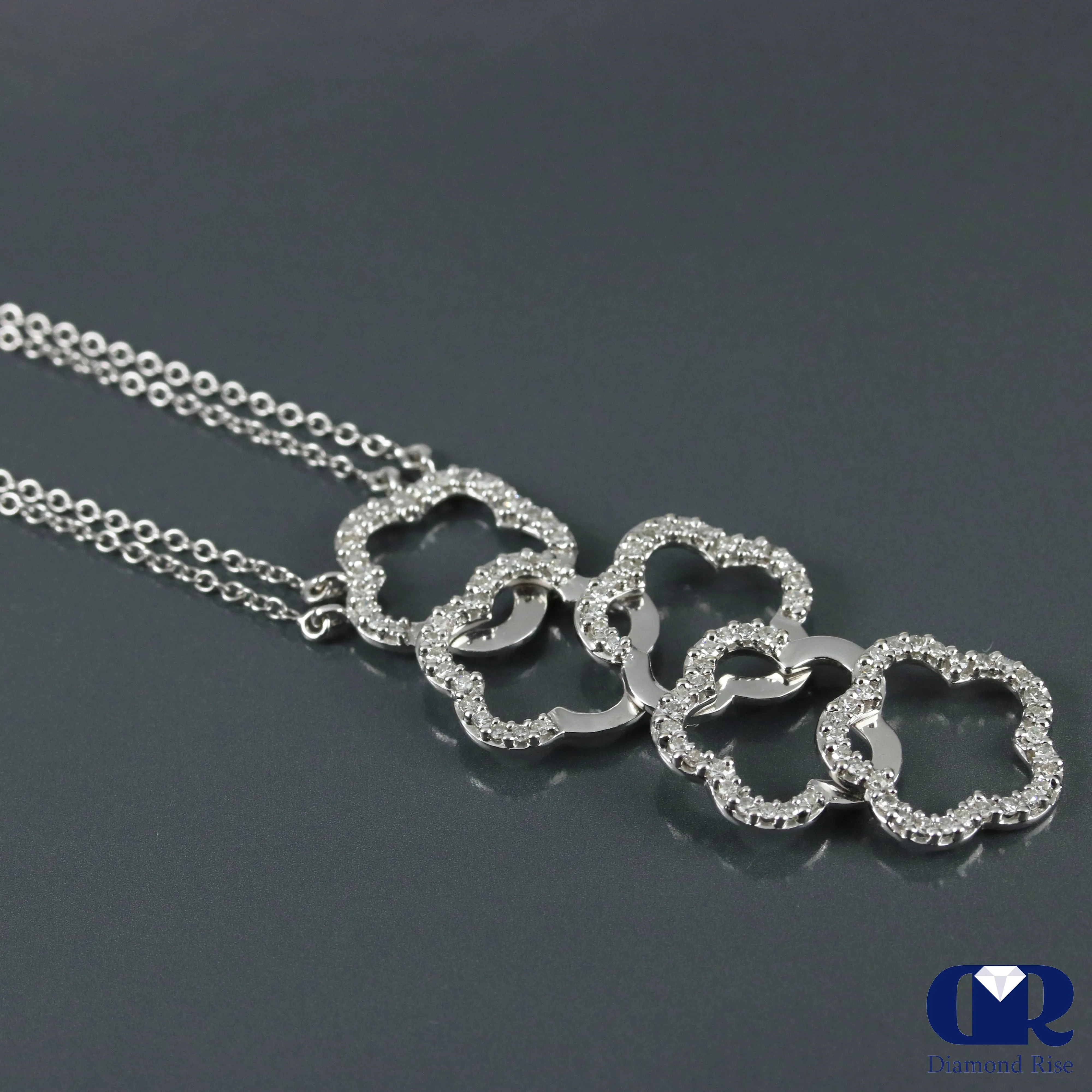 Diamond Plum Blossom Shaped Necklace In 18K White Gold With Double Cable Chain 17"