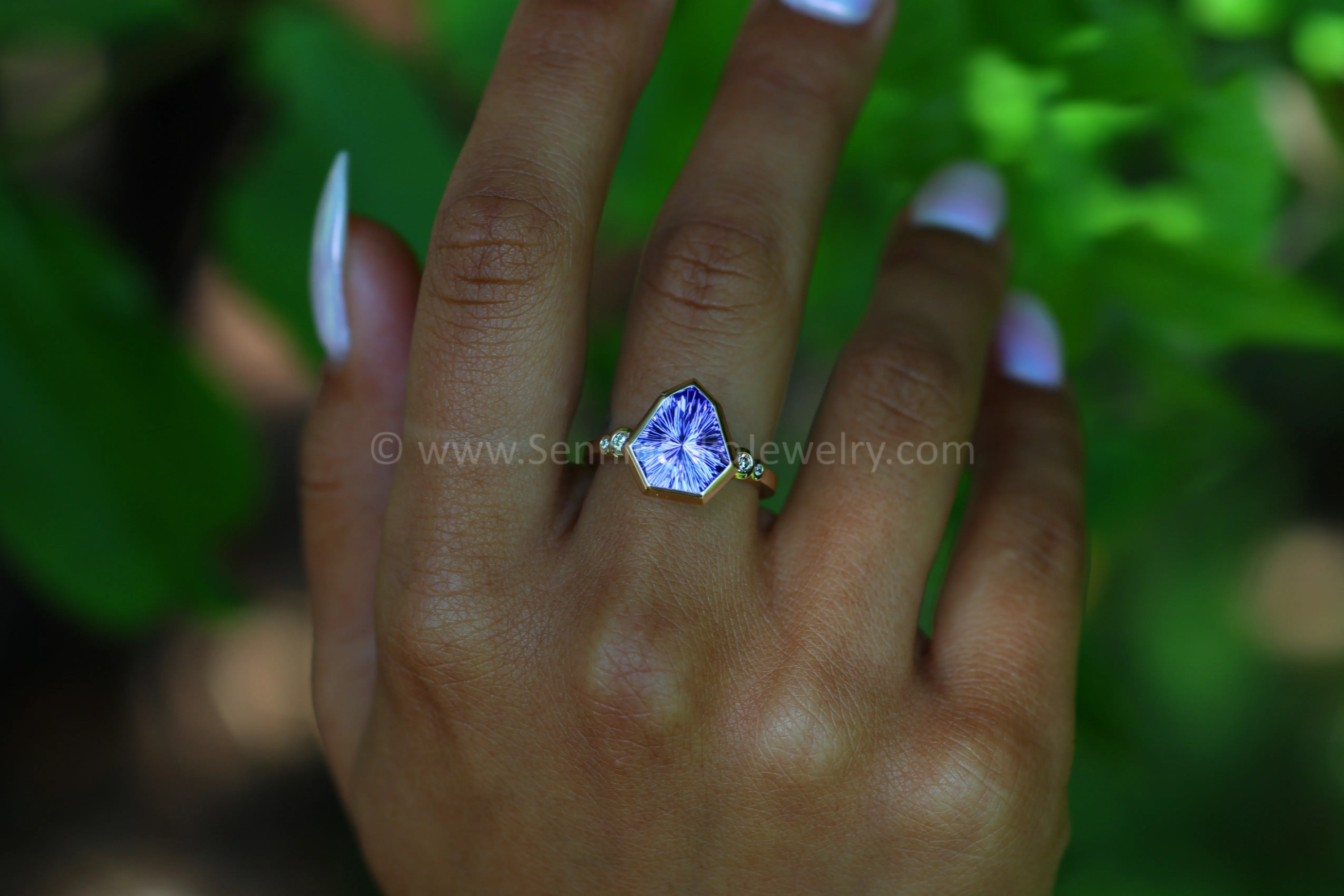 Five Stone Diamond Accented Multi Bezel Setting - Depicted with a Fantasy cut Tanzanite Arrowhead (Setting Only, Center Stone Sold Separately)