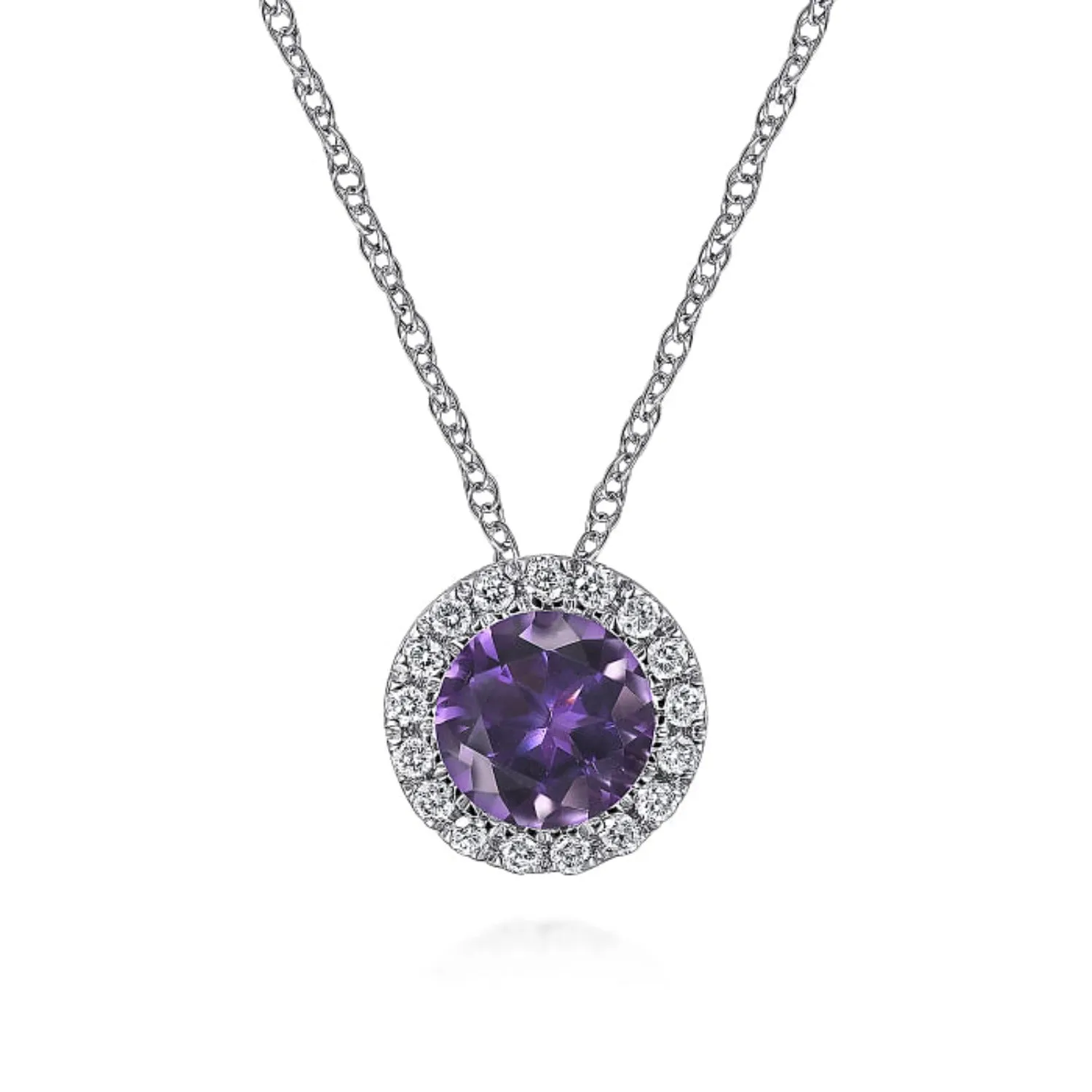 Gabriel & Co. Round Cut Amethyst & Diamond Halo Pendant