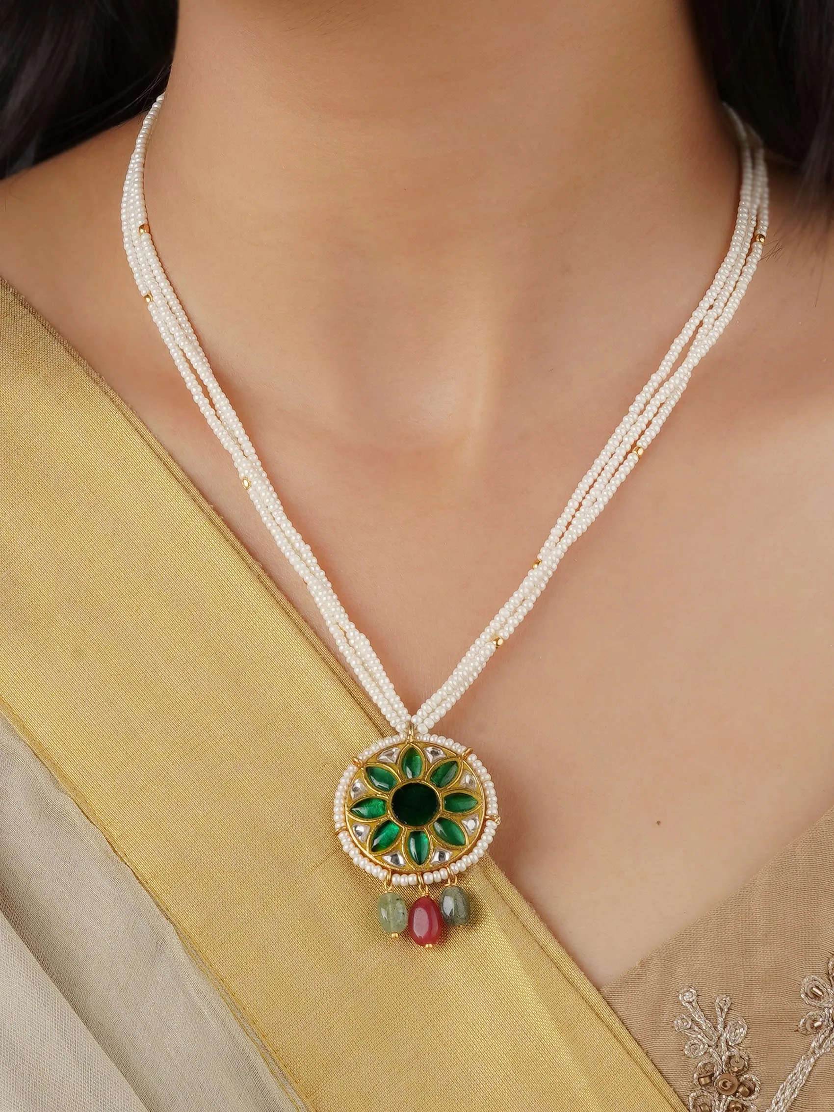 Green Color Gold Plated Jadau Kundan Necklace - MN446GR