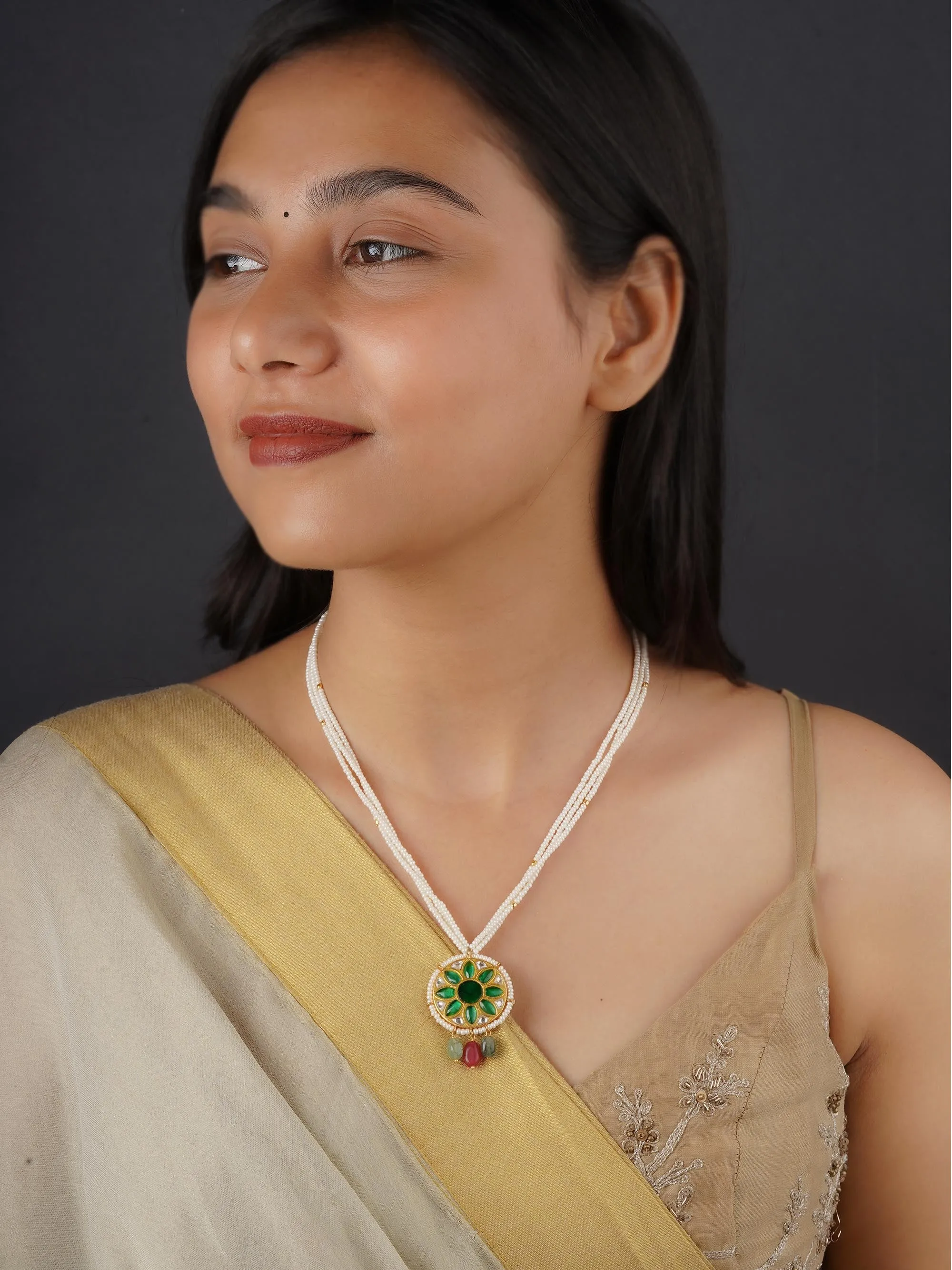 Green Color Gold Plated Jadau Kundan Necklace - MN446GR