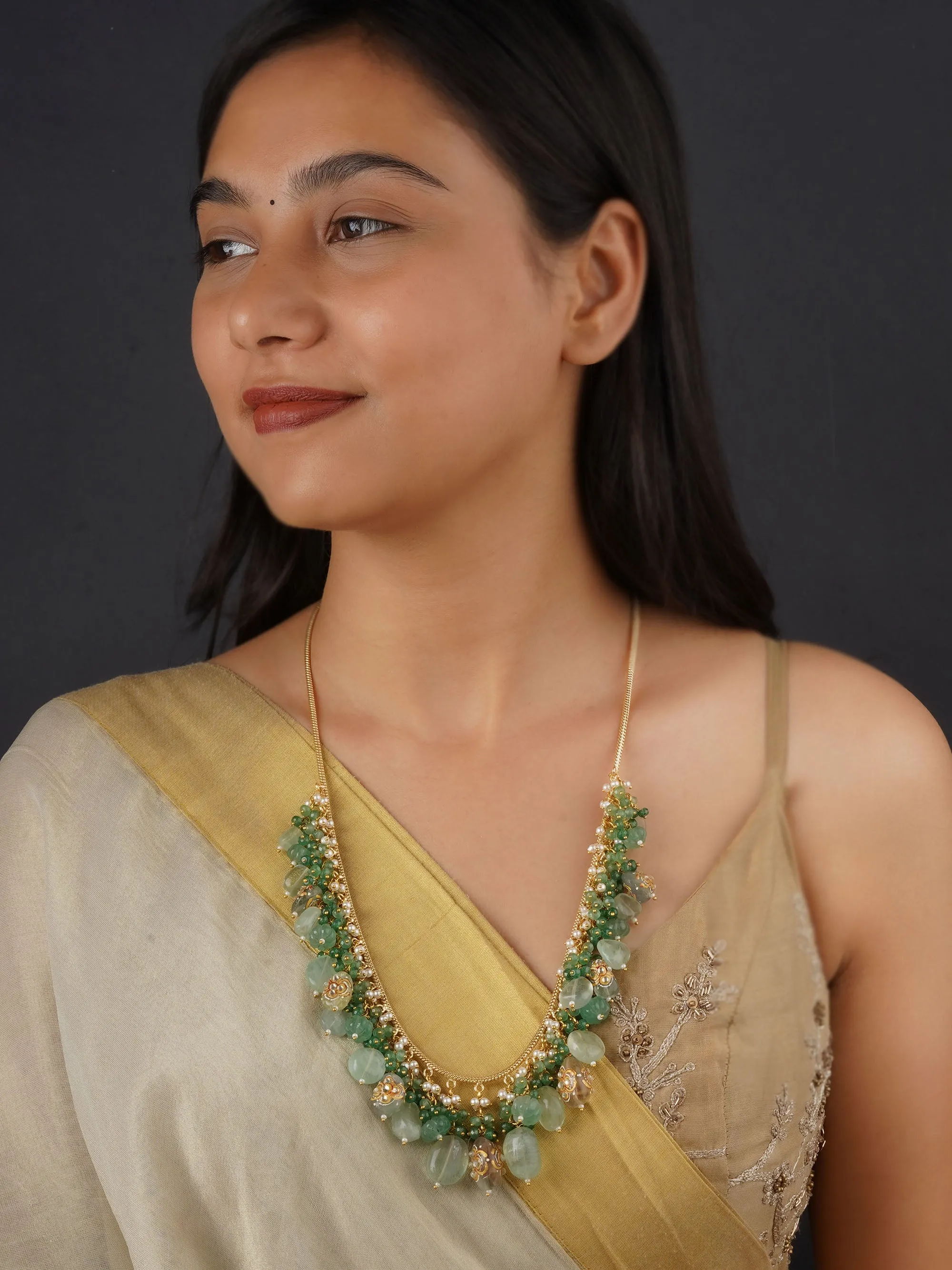 Green Color Gold Plated Jadau Kundan Necklace - MN457