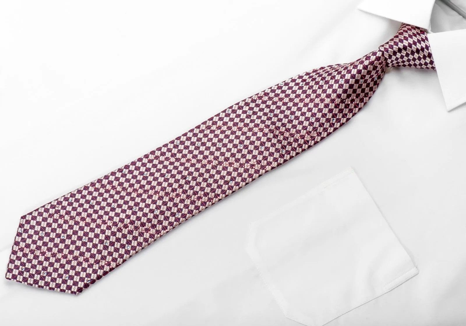 Indian Homme Men's Silk Rhinestone Tie Burgundy Silver Checkered With Silver Sparkles