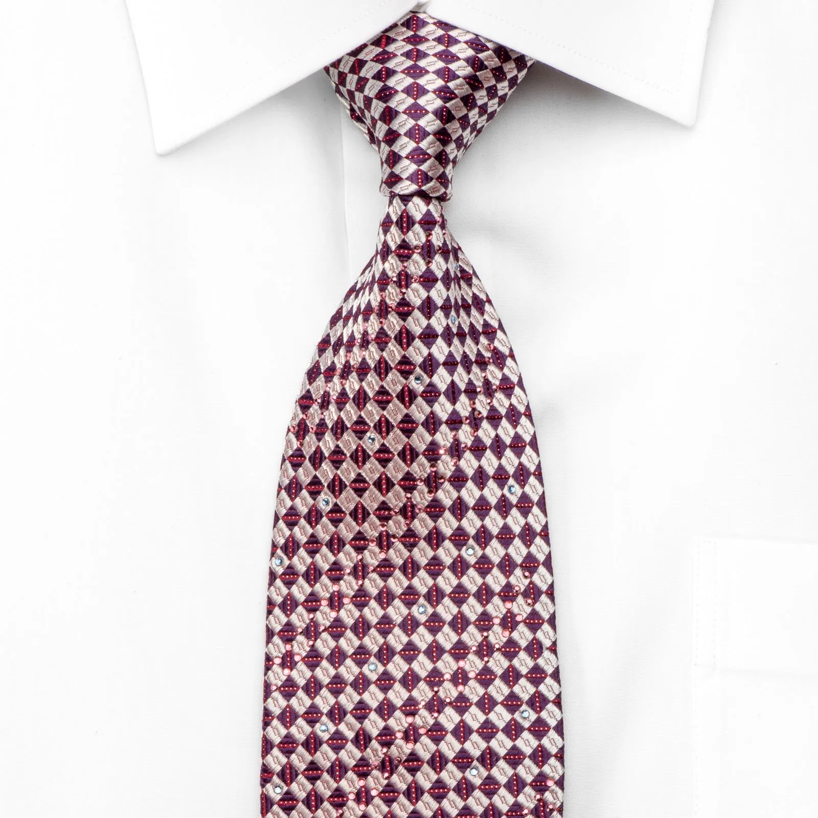 Indian Homme Men's Silk Rhinestone Tie Burgundy Silver Checkered With Silver Sparkles