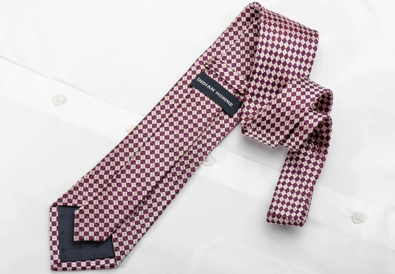 Indian Homme Men's Silk Rhinestone Tie Burgundy Silver Checkered With Silver Sparkles