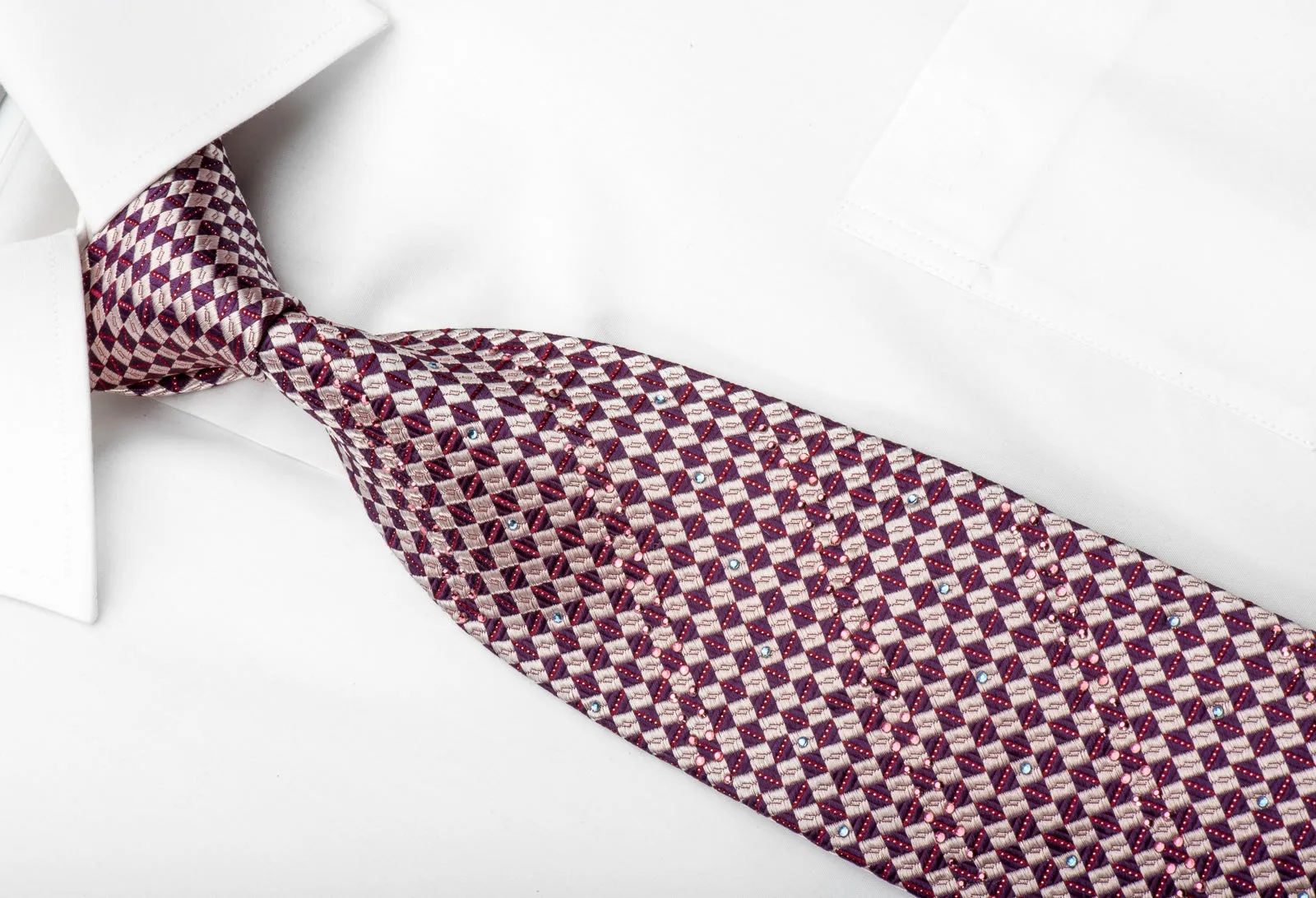 Indian Homme Men's Silk Rhinestone Tie Burgundy Silver Checkered With Silver Sparkles