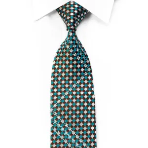 Indian Homme Rhinestone Silk Necktie Silver Teal Checkered On Brown With Silver Sparkles