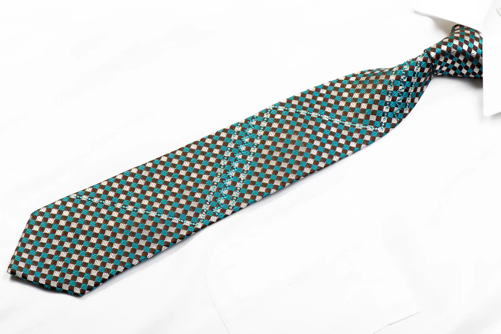 Indian Homme Rhinestone Silk Necktie Silver Teal Checkered On Brown With Silver Sparkles