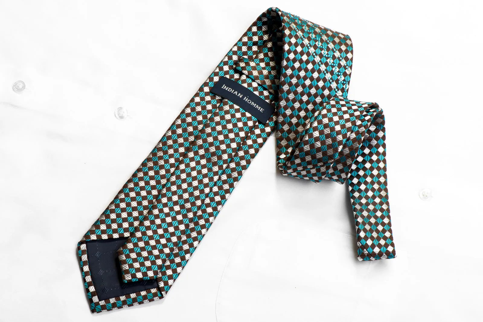 Indian Homme Rhinestone Silk Necktie Silver Teal Checkered On Brown With Silver Sparkles
