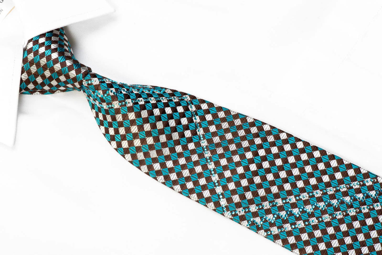 Indian Homme Rhinestone Silk Necktie Silver Teal Checkered On Brown With Silver Sparkles
