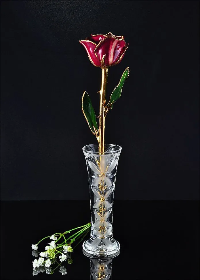 Lacquer Dipped 24k Gold Trim Red Rose & Small Bud Vase Gift Set