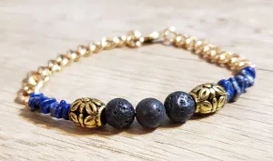 Lapis Lazuli Gemstone & Gold Tone Chain Bracelet with Lava Rocks and Accents. Non Tarnish & Fully Adjustable to 8.5" with Lobster Claw Clasp