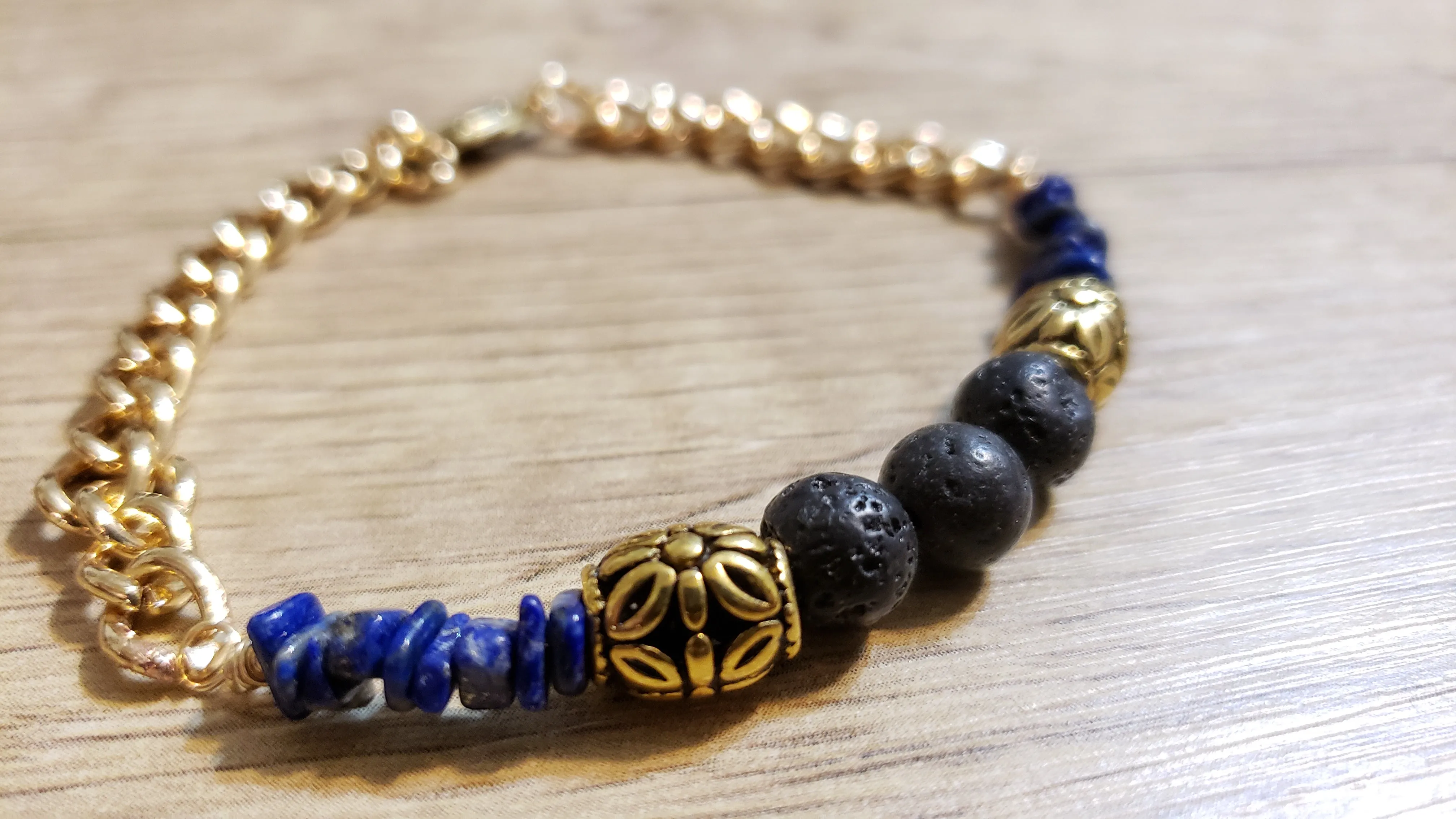 Lapis Lazuli Gemstone & Gold Tone Chain Bracelet with Lava Rocks and Accents. Non Tarnish & Fully Adjustable to 8.5" with Lobster Claw Clasp
