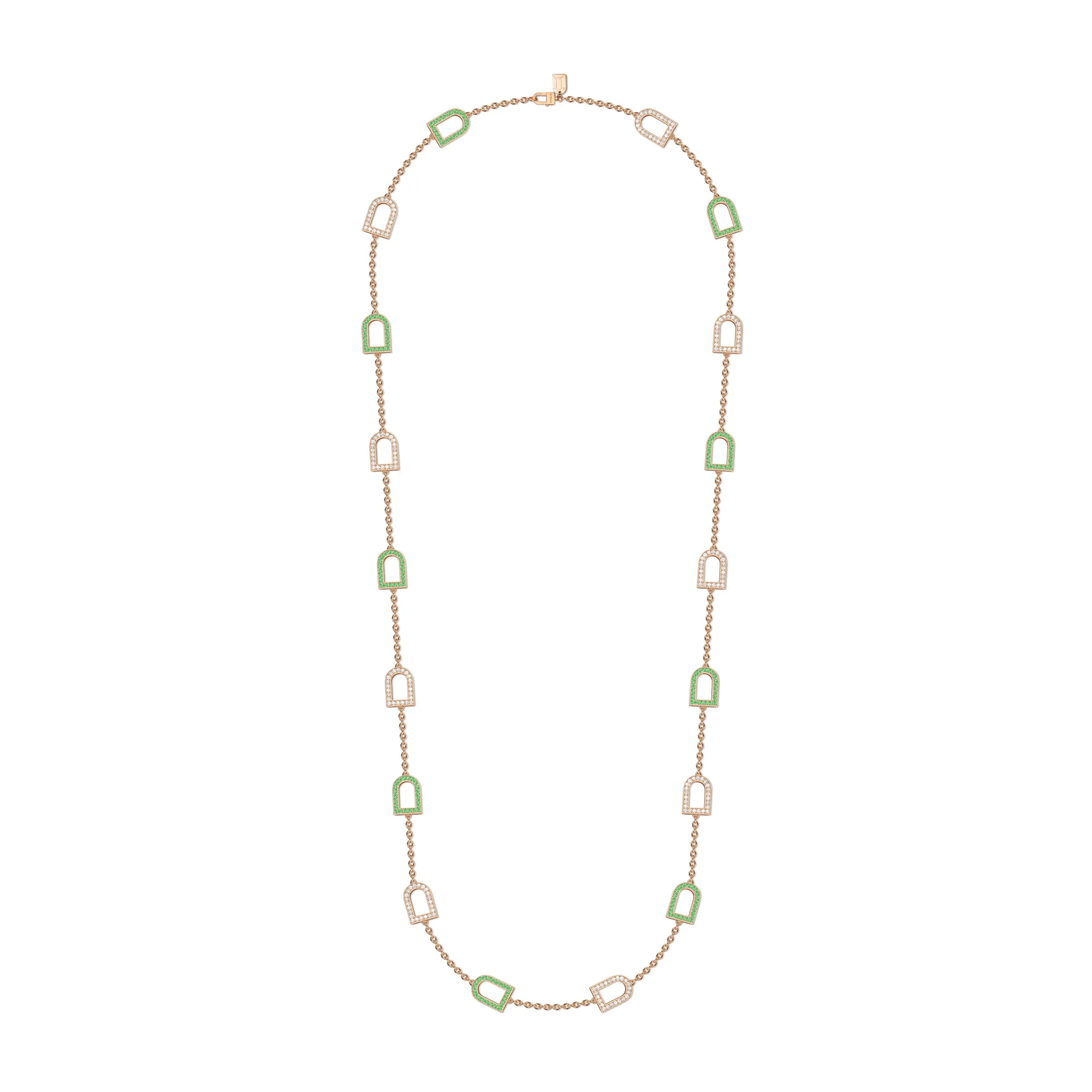 L'Arc Voyage Sautoir, 18k Rose Gold with 18 MM Arch Motifs Alternating Galerie Diamonds and Tsavorites